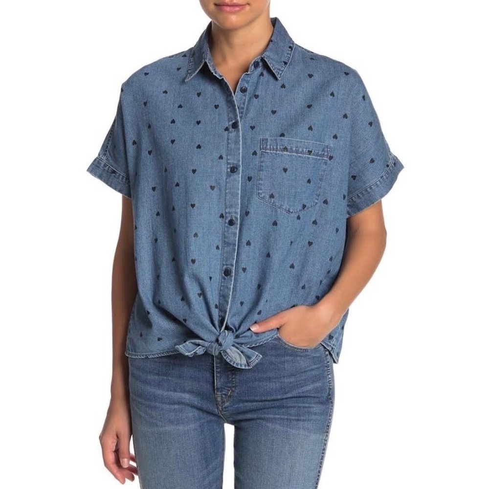 Madewell Heart Print Denim Short Sleeve Tie Front Button Down Shirt K8911 BlueXS